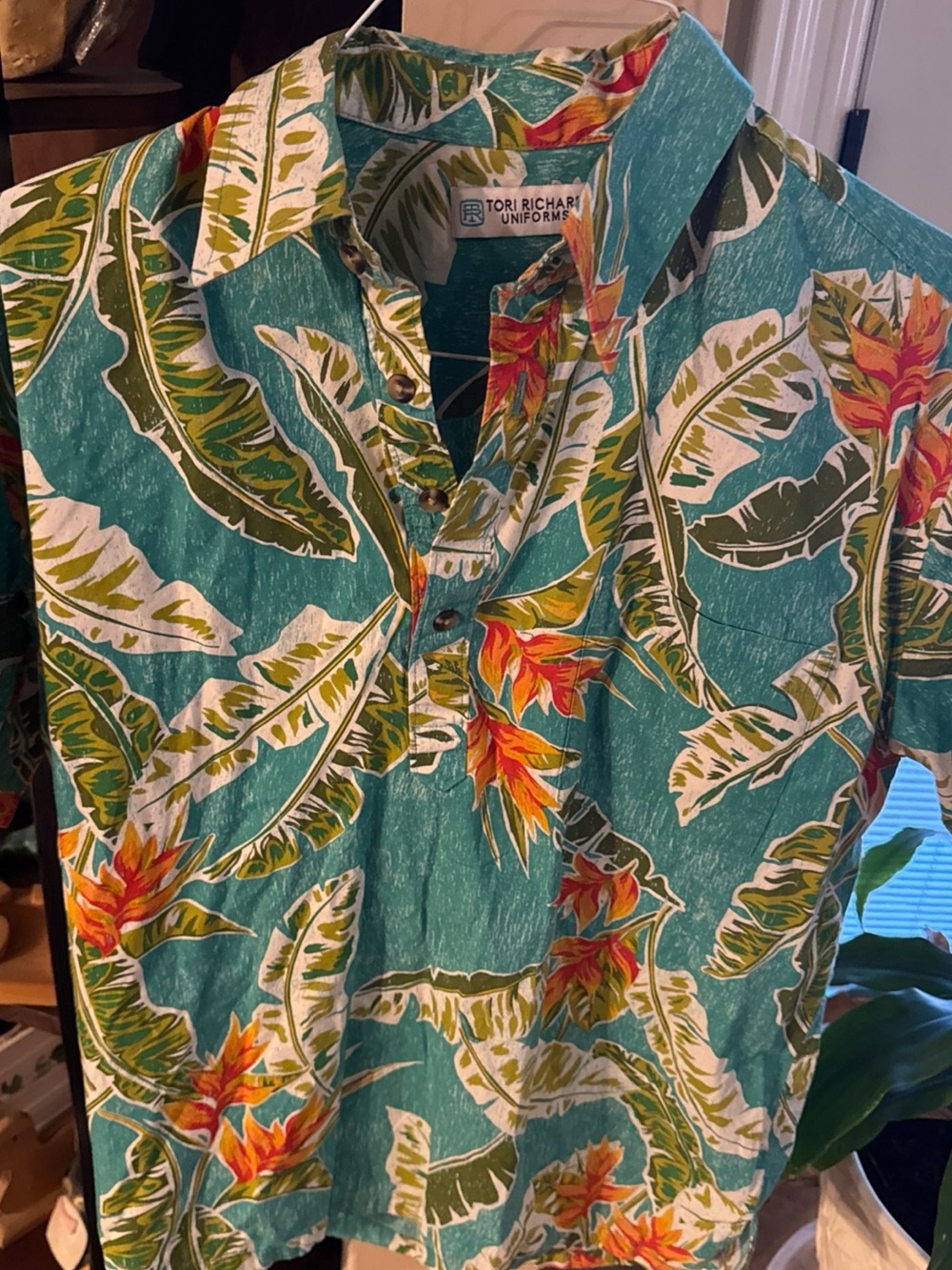 Tori Richard Teal Tropical Leaf & Floral Button-Front Shirt